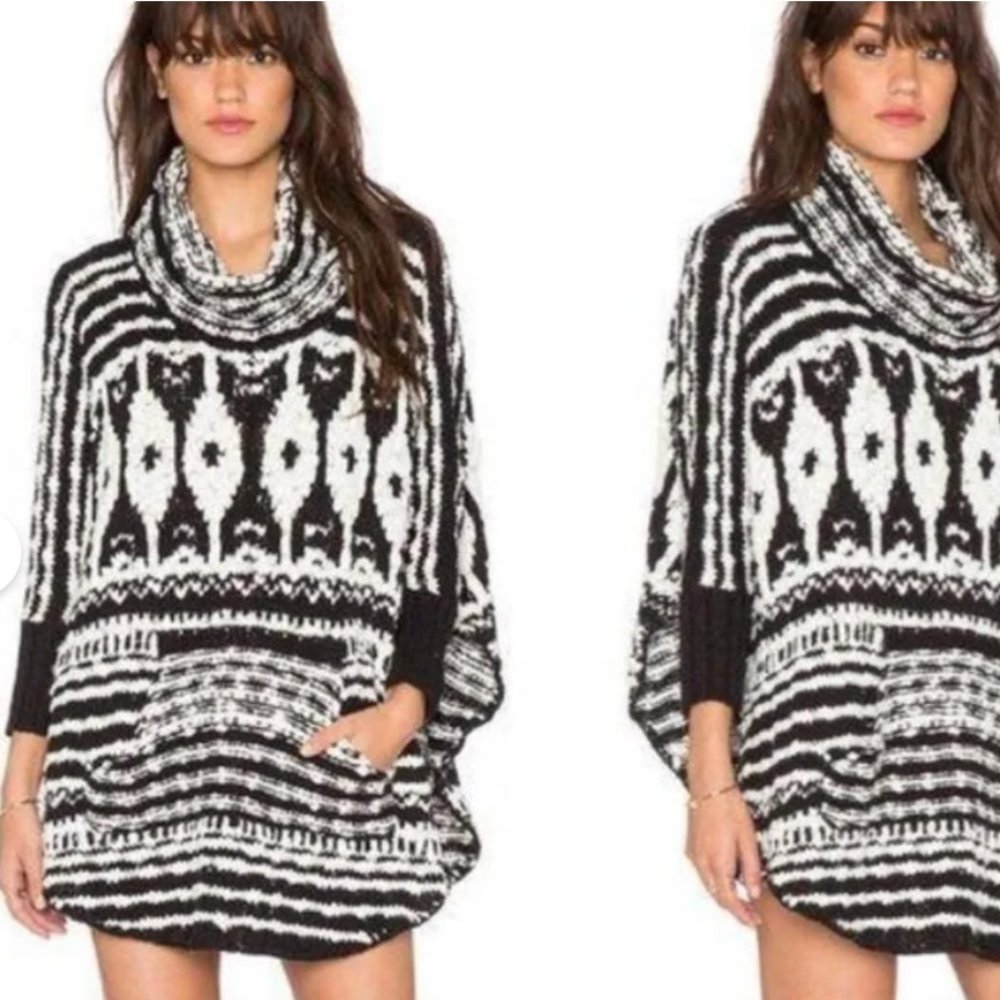 FREE PEOPLE Womens Heavyweight Poncho Black White | M